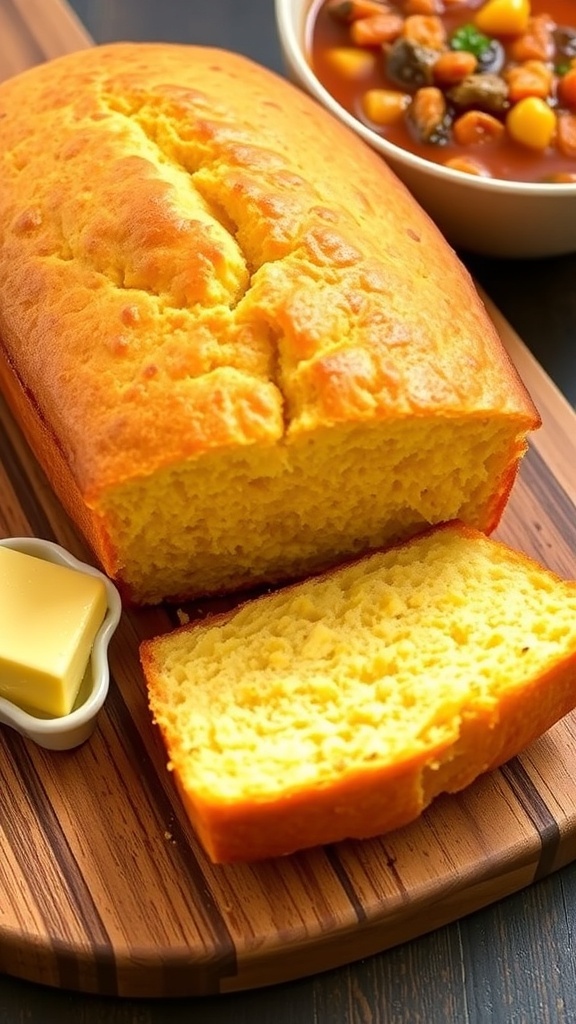 Bread Machine Cornbread Recipe Freshly baked cornbread loaf sliced on a wooden board with butter and chili.